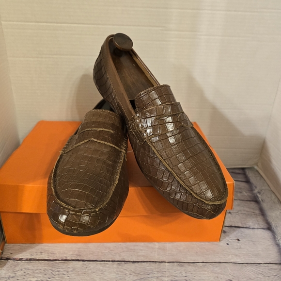 BORN MEN'S DRIVING PENNY LOAFER HAND CRAFTED LEATHER CROC PRINT SIZE 10.5 - Picture 2 of 8